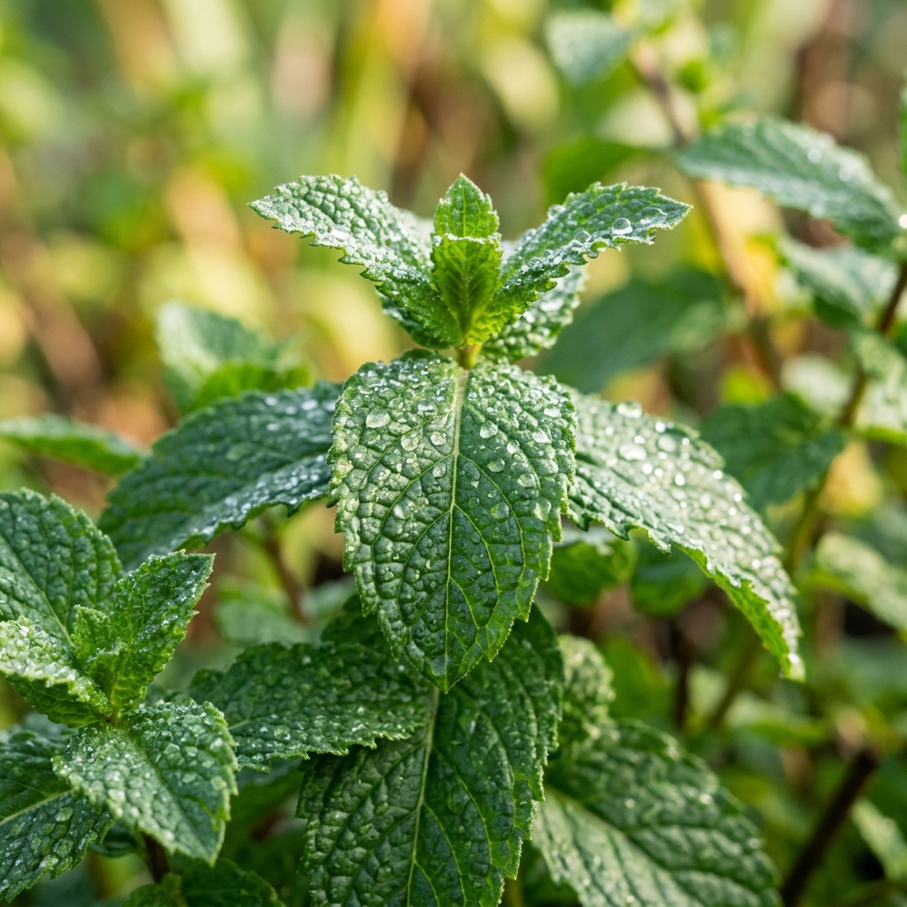 Fresh peppermint leaves with dew drops