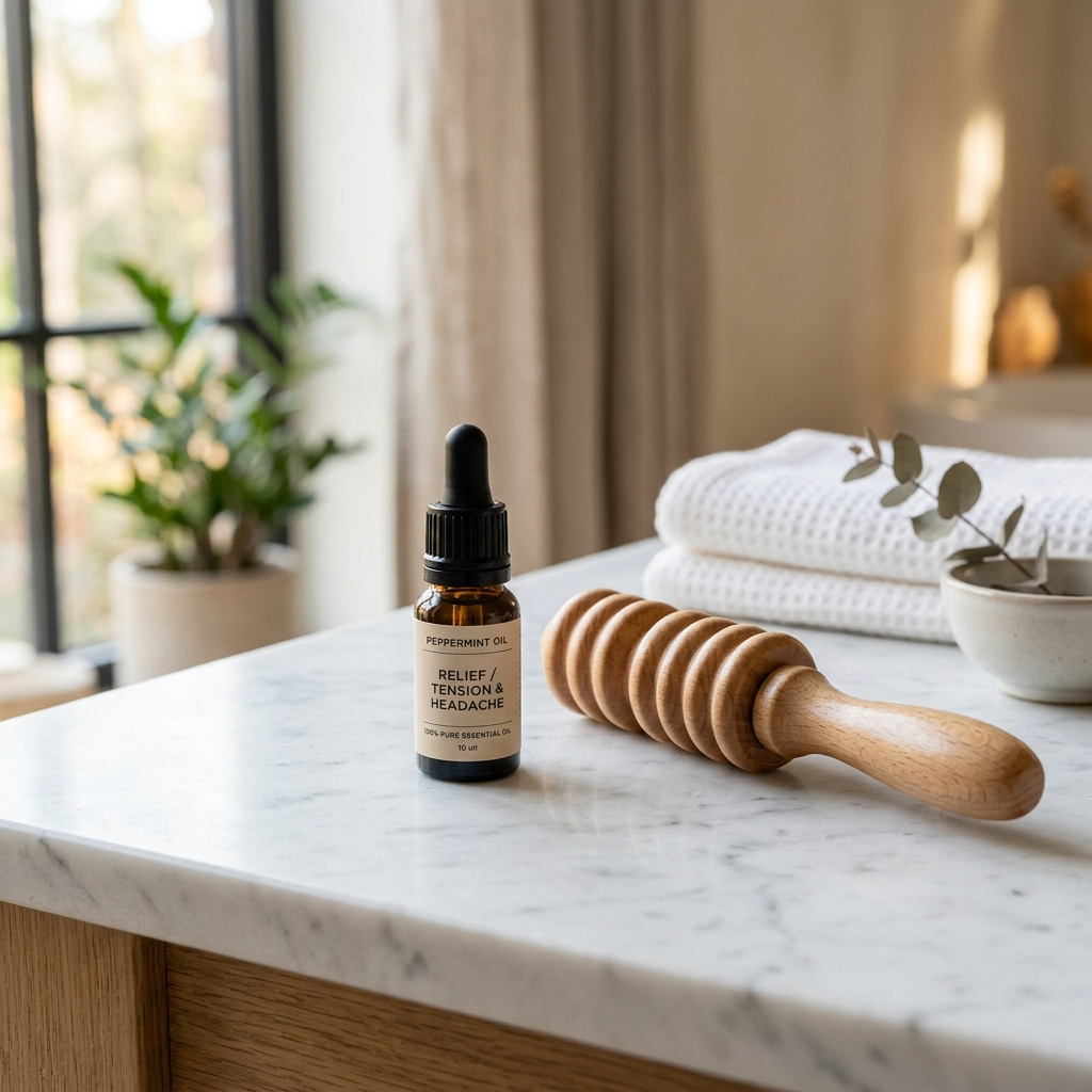 Peppermint oil and wooden massage roller