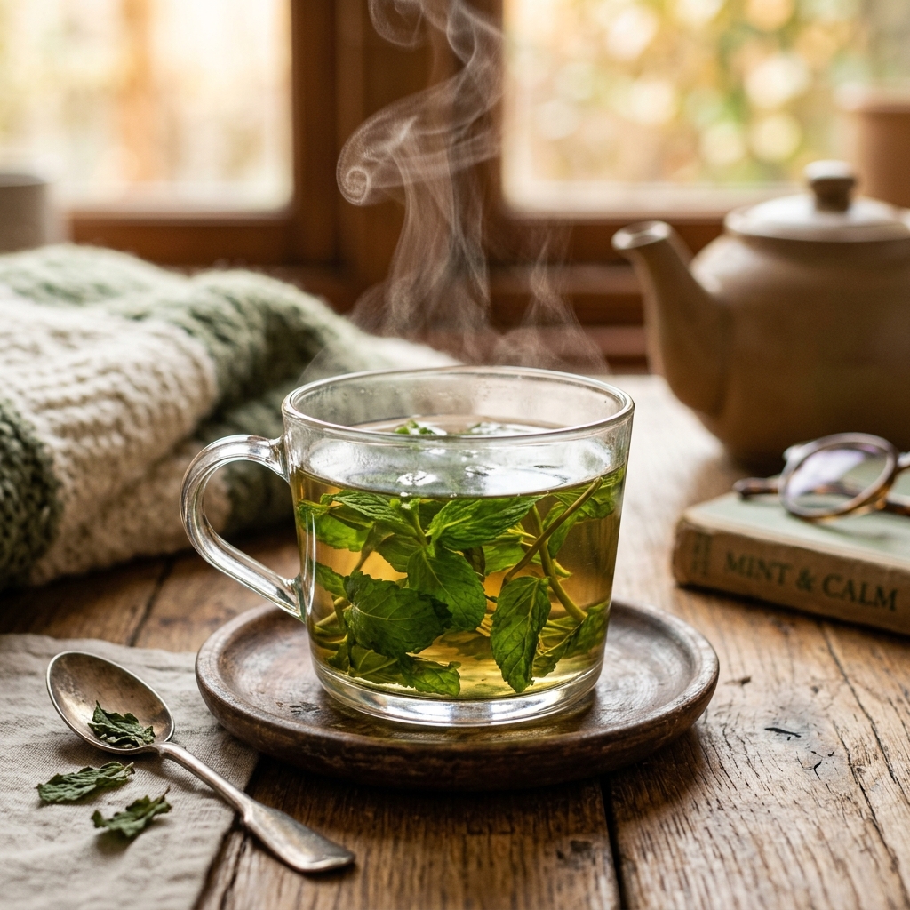 A soothing cup of hot peppermint tea