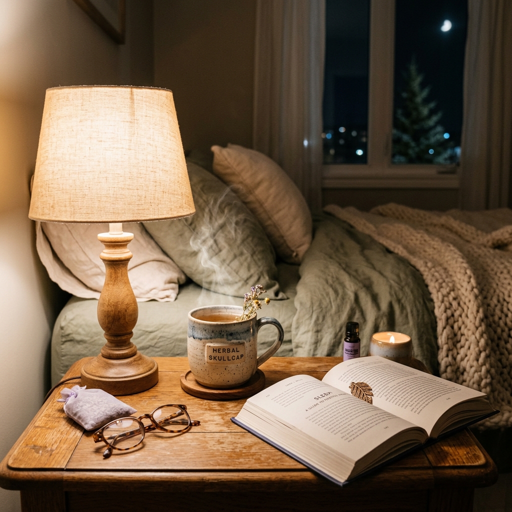 A soothing cup of Skullcap sleep tea on a bedside table